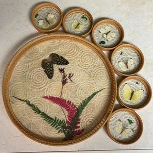Vintage tray and coasters with butterfly & ferns
